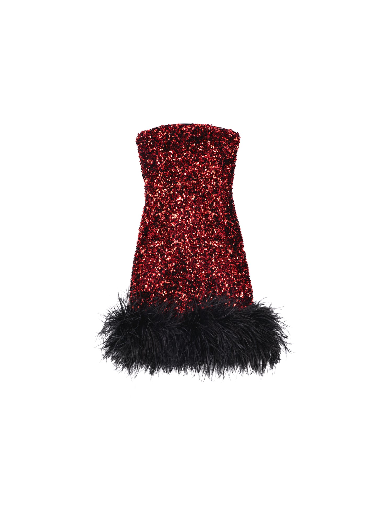 TAGLIONI Sequin Feathers strapless Dress in Red