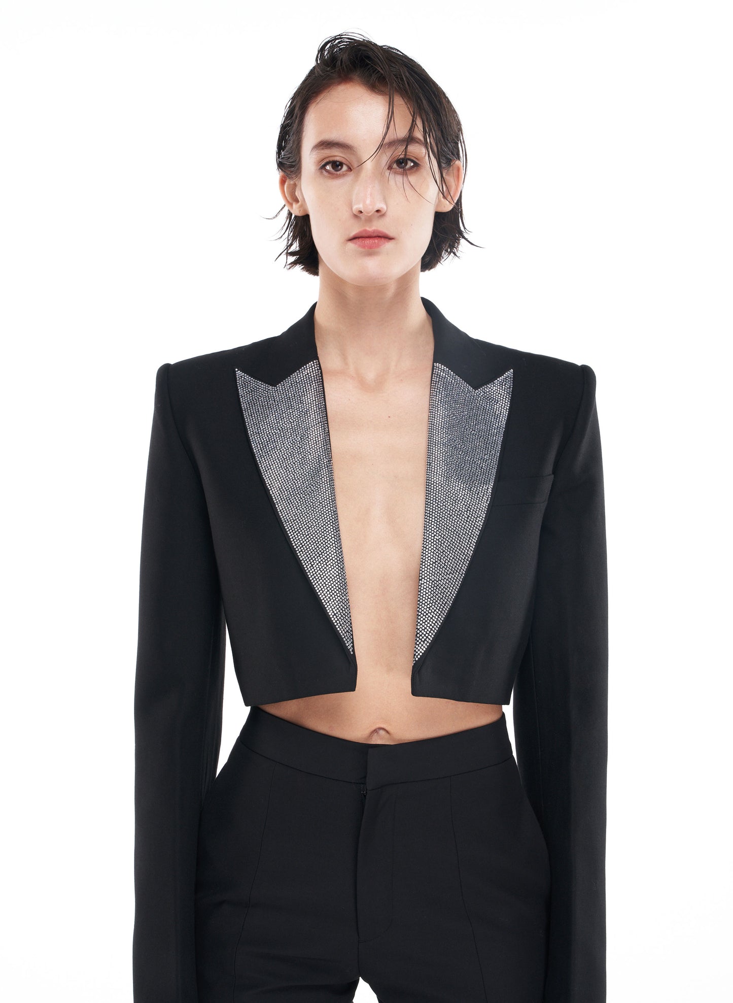 TAGLIONI Short Rhinestone Suit Jacket in Black