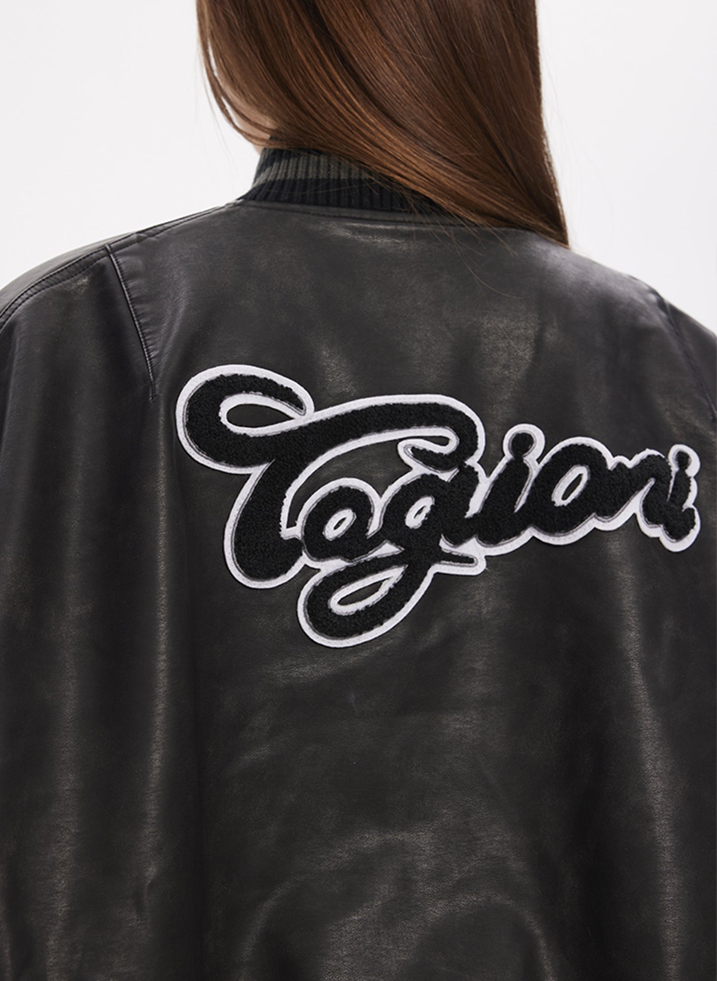 TAGLIONI Logo Black Washed-leather Varsity Jacket